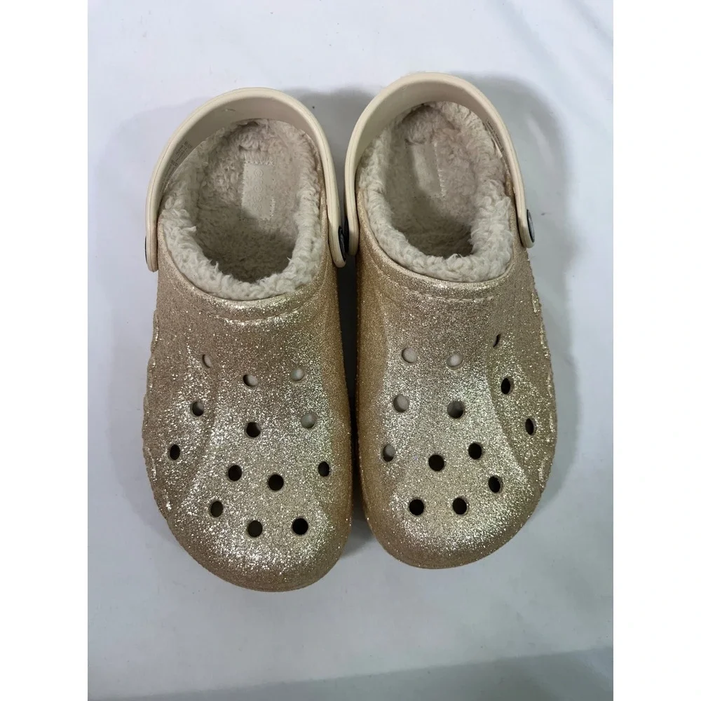 Kids Crocs Glitter Lined Faux Fur‎ Clogs Sparkle Cozy Gold/Cream Size J3